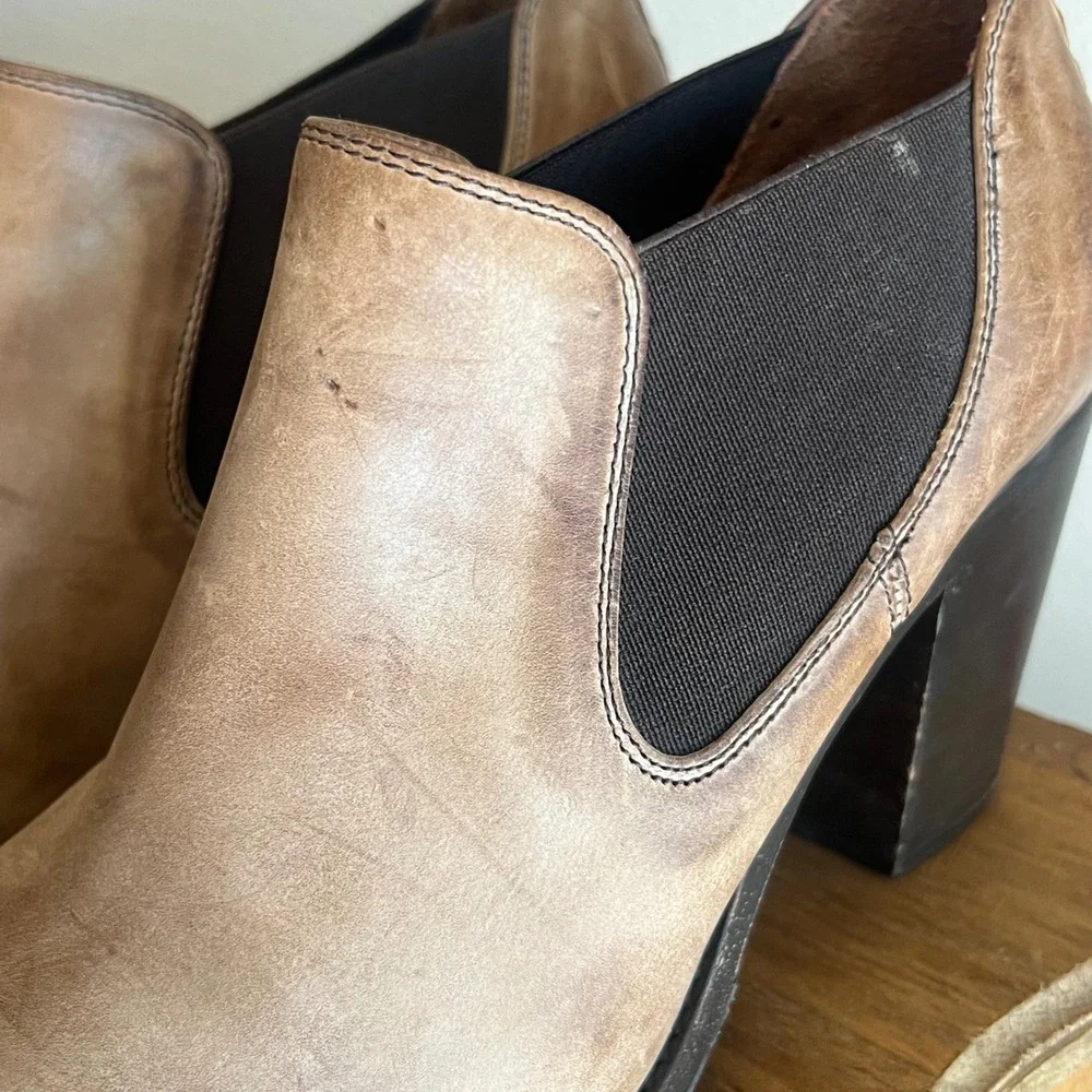 Ariat‎ Tan Leather Braided Back Block Heel Ankle Boots 10012049 Womens 9B